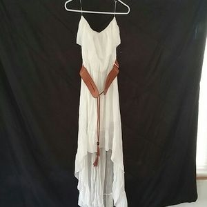White Hi-Lo Dress with Brown Leather Belt