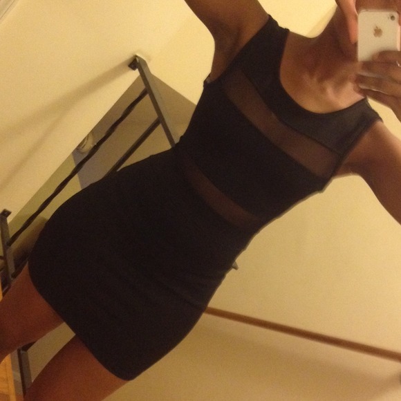 Black party dress with mesh strips