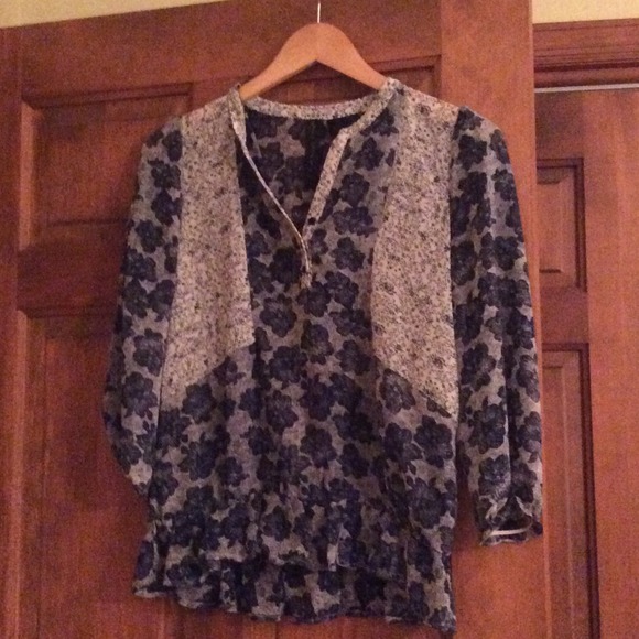 Navy and white floral patterned blouse