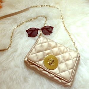 Gold yellow quilted crossbody bag with gold chain