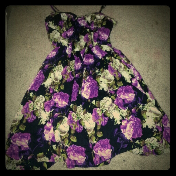 Sexy black short dress w/ bright purple flowers