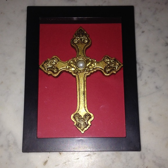 SOLD       Gold cross in black frame. (Home Decor)