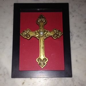 SOLD       Gold cross in black frame. (Home Decor)