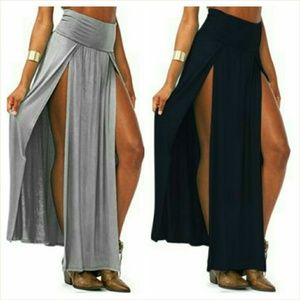 High waisted double  slit maxi skirt
