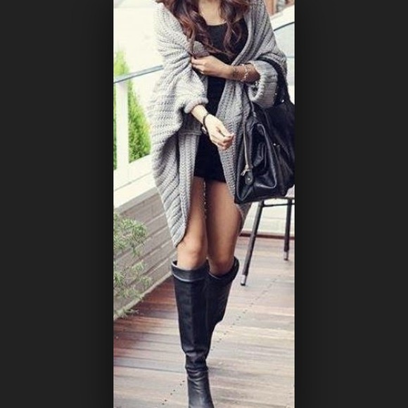 Long gray oversized knee length cardigan sweater