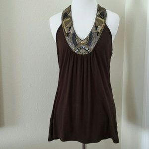Decorative neckline brown tribal top