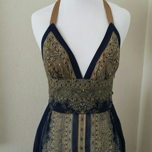 Gorgeous Silk Navy/Gold Adorned Halter Top