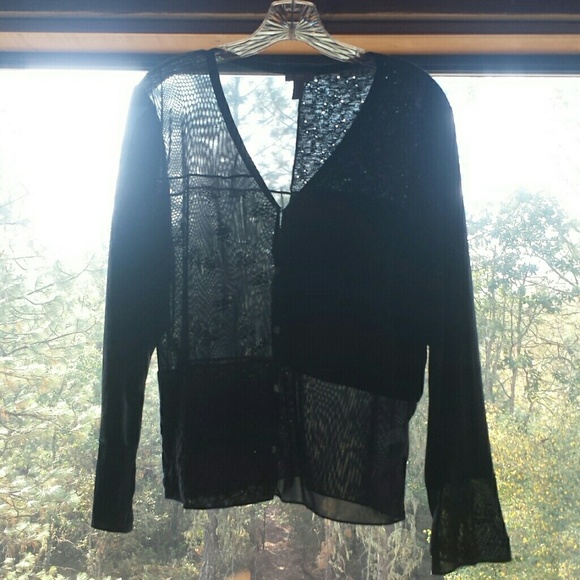 JJill Black Velvet/Sheer Patchwork Top