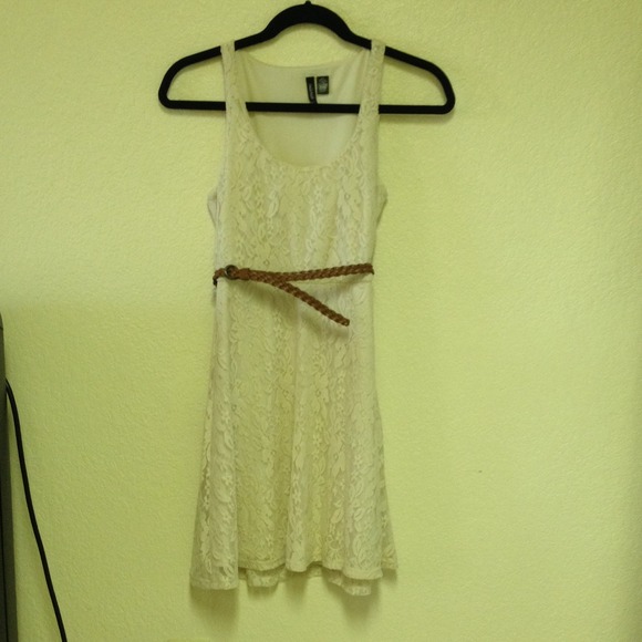 Cream lace dress with brown belt