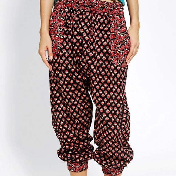 red and black patterned harem pants