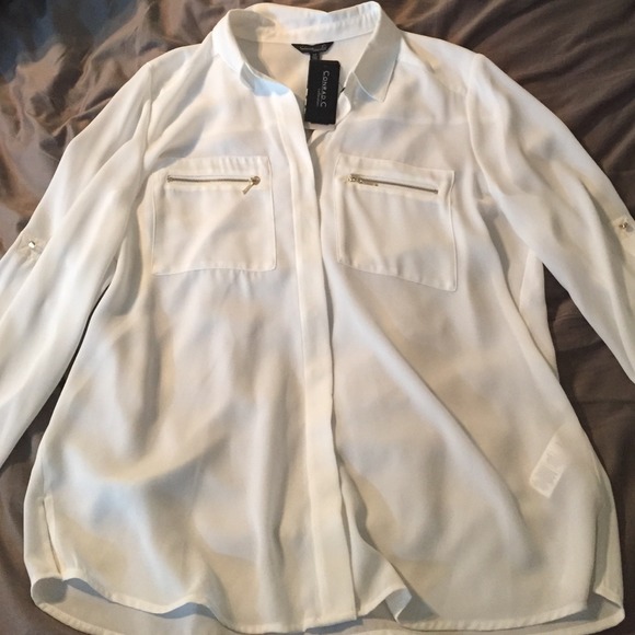 Sheer White collared and zippered pocket blouse