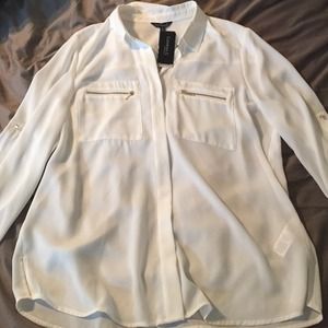 Sheer White collared and zippered pocket blouse