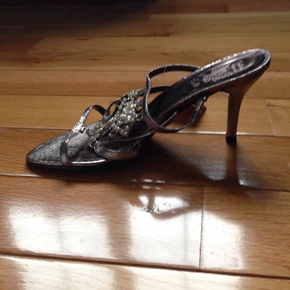 Silver rhinestoned strappy 3-inch backless heels - Picture 2 of 3