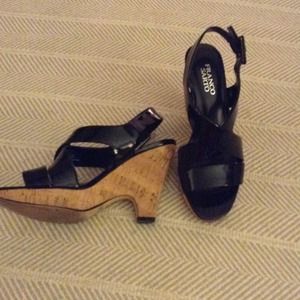 Black patten and cork wedges