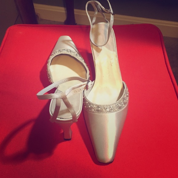Silver satin and beaded heels