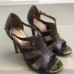 Brown and gold Tahari heels