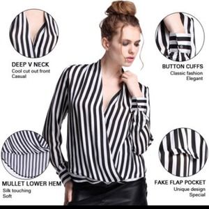 Striped open front draped blouse.