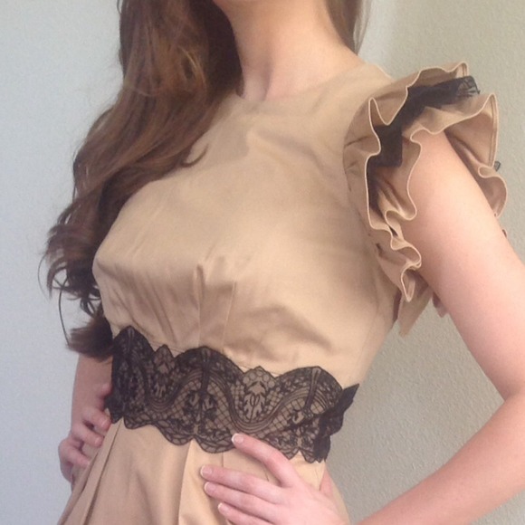 Tan and black lace ruffle sleeve dress
