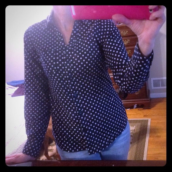 Navy blue shirt with white polka dots