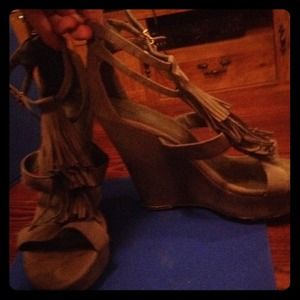 Gray suede tassel wedges