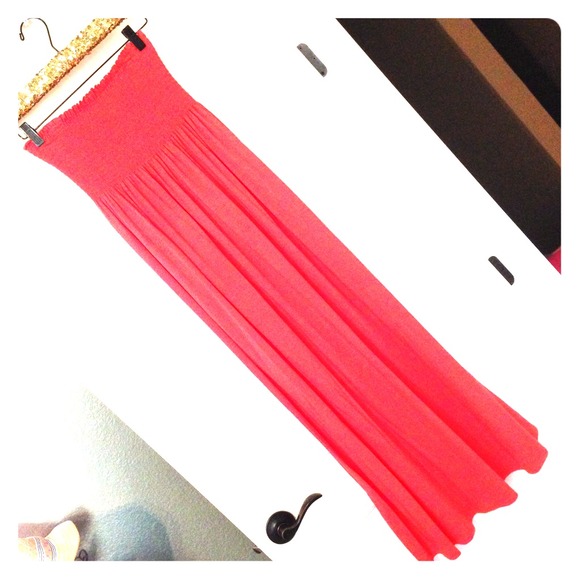 Strapless coral maxi dress.