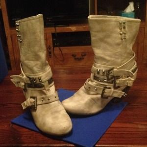 Off white leather studded mid calf boots