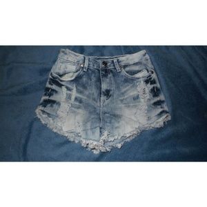High waisted acid wash denim shorts