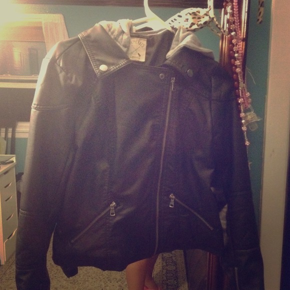 leather jacket with attached sweater hat
