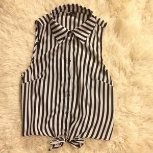 Black and white striped tie-front crop top