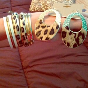 Gold and Leopard Earrings and Bracelet Set