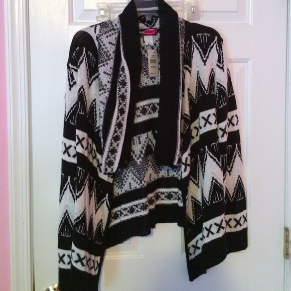 Sweaters - black and white aztec cardigan/ white peplum top