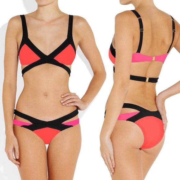 Beautiful red, black, and pink bandage bikini