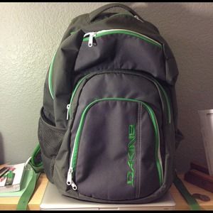Dakine backpack - blue grey, white, & bright green