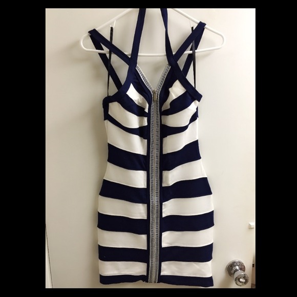 New Bebe White and blue striped dress with zipper