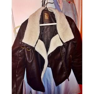 Fleece Collar Faux Leather Bomber Jacket