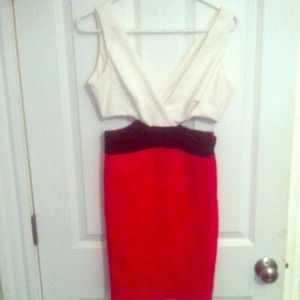 Black white and red open side dress