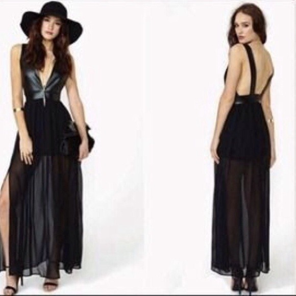 Nasty Gal leather v-neck plunge maxi dress size M
