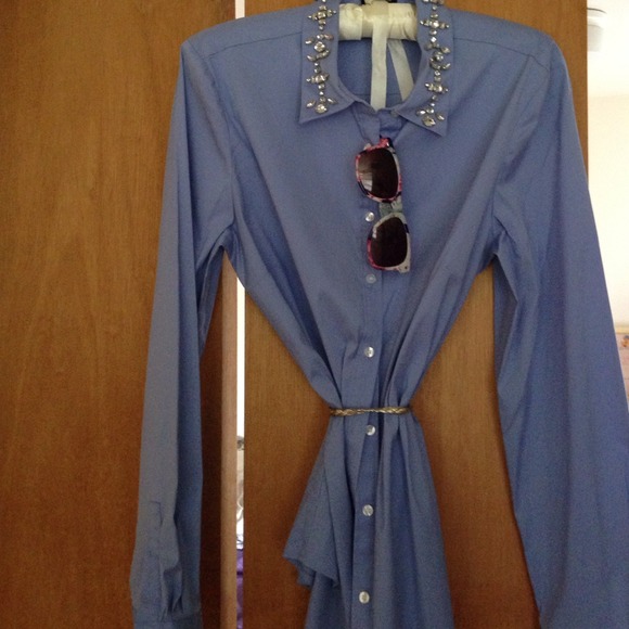 Ann Taylor Rhinestone Collar Blue Button-up