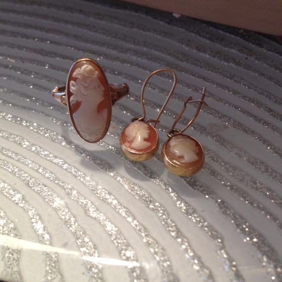 Cameo 10k estate ring and drop earrings