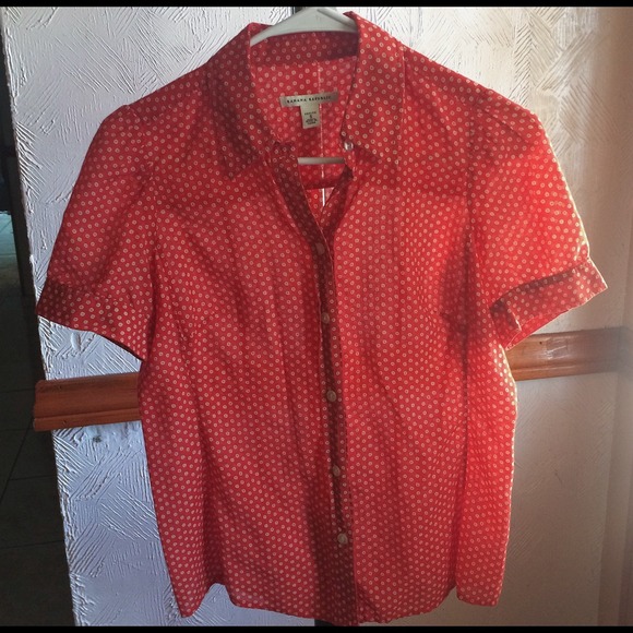 Red and white short sleeve collared button up.