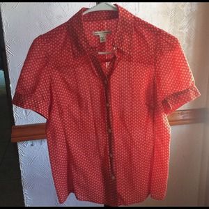 Red and white short sleeve collared button up.