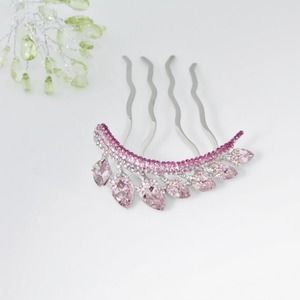 New Woman's pink flower bling silver hair comb