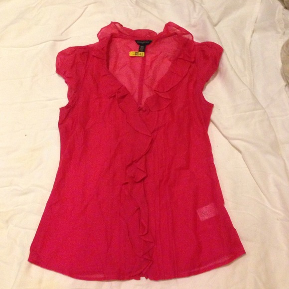 BR fuschia sheer work blouse with ruffle
