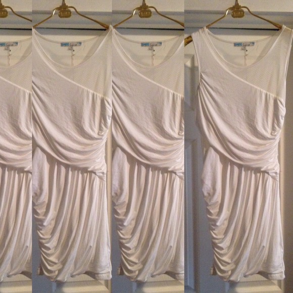 GLACIER WHITE ASYMMETRICAL BODYCON DRESS BCBG STYL