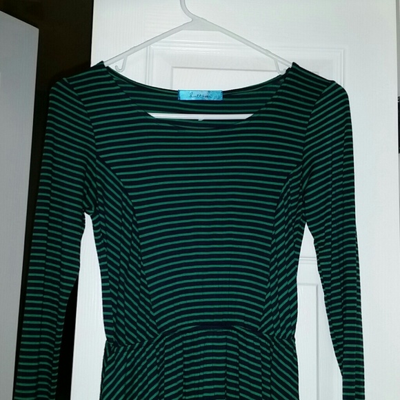 Navy and green striped long sleeve dress
