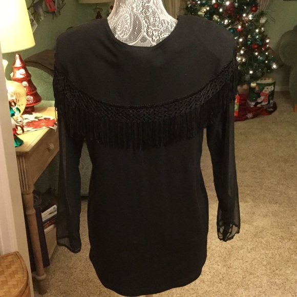 BLACK FRINGE LONG SHEER SLEEVE KNIT TOP - Picture 2 of 4