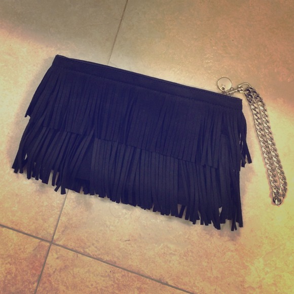 Express Fringe Clutch/Wristlet in Black