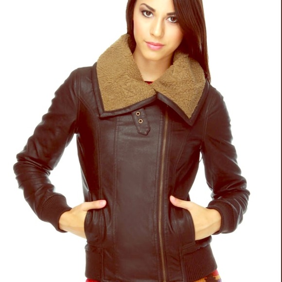 NWOT OBEY Vegan Leather Brown Bomber Jacket
