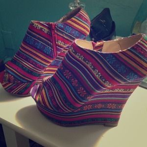 Multi color peep toe wedges