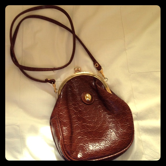 Brown faux paten leather cross body bag